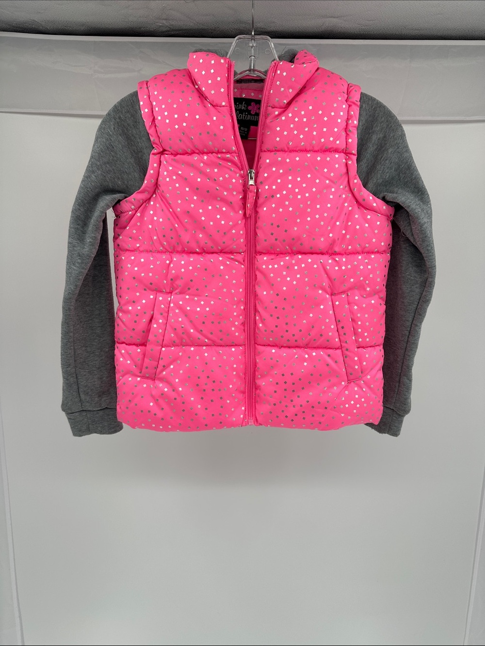 Pink Platinum Hot Pink Puffer Vest with Gray Knit Sleeves